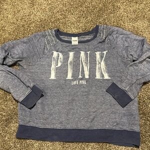 PINK cropped sweatshirt. Denim blue color. Cotton poly blend. Size large